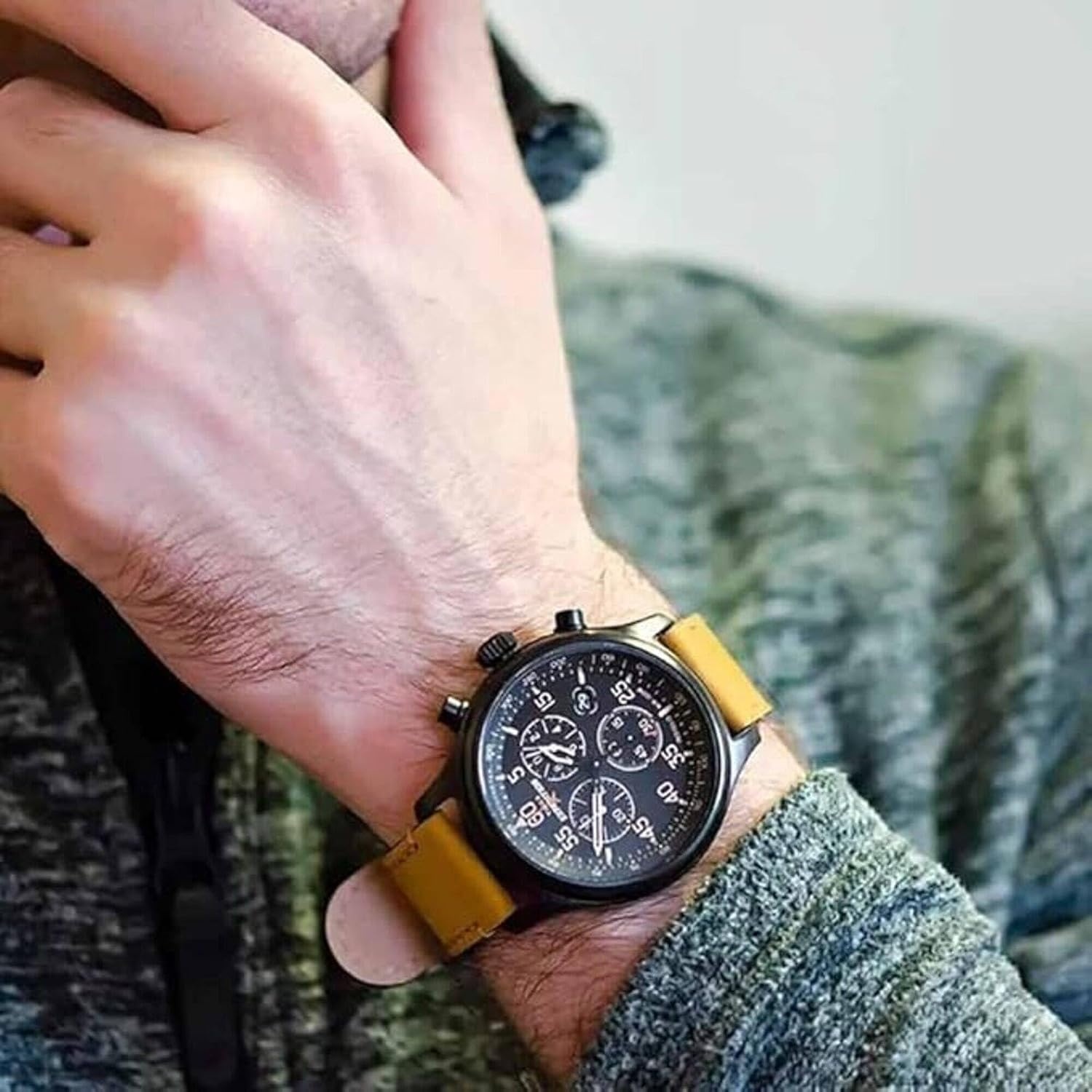 image:imageTimex Expedition Field Chronograph 43mm Mens Analog Watch INDIGLO Backlight Durable Comfortable Adjustable Strap Rugged Outdoor Watch 100M Water ResistanceTanBlack Leather