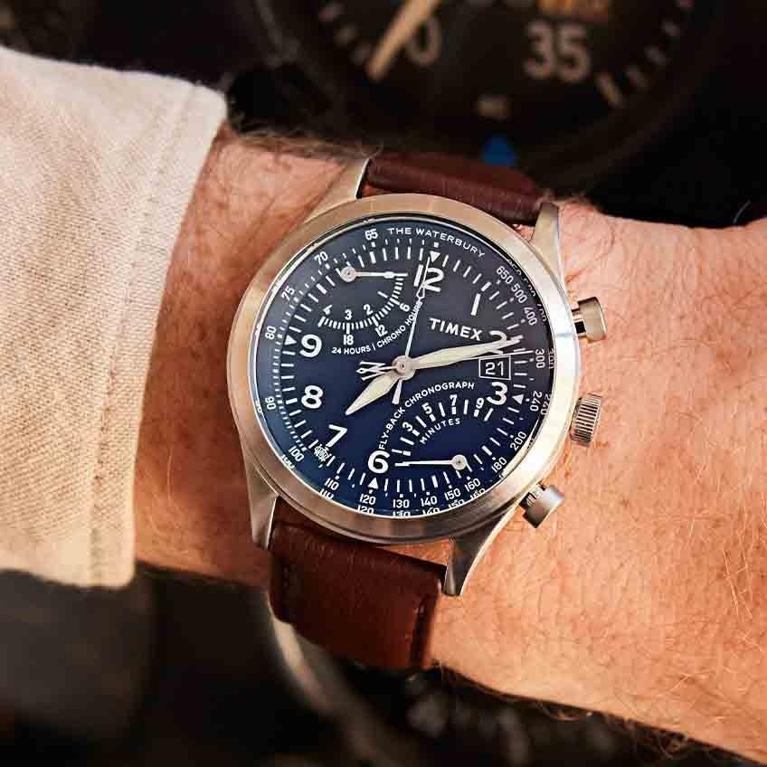 image:imageTimex Mens Waterbury Chronograph 42mm Watch Stainless Steel Bracelet Black Dial Stainless Steel CaseBrownBlueStainless Steel