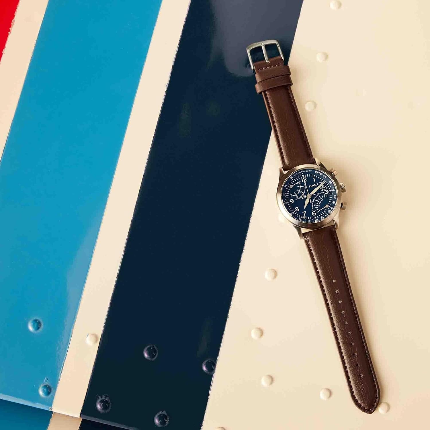 image:imageTimex Mens Waterbury Chronograph 42mm Watch Stainless Steel Bracelet Black Dial Stainless Steel CaseBrownBlueStainless Steel