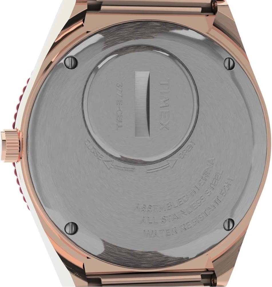 image:imageTimex Q Malibu Womens 36mm Watch GoldTone Case Black Dial with Orange amp GoldTone Stainless Steel Expansion BandRose GoldBluePink