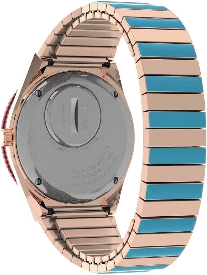 image:imageTimex Q Malibu Womens 36mm Watch GoldTone Case Black Dial with Orange amp GoldTone Stainless Steel Expansion BandRose GoldBluePink