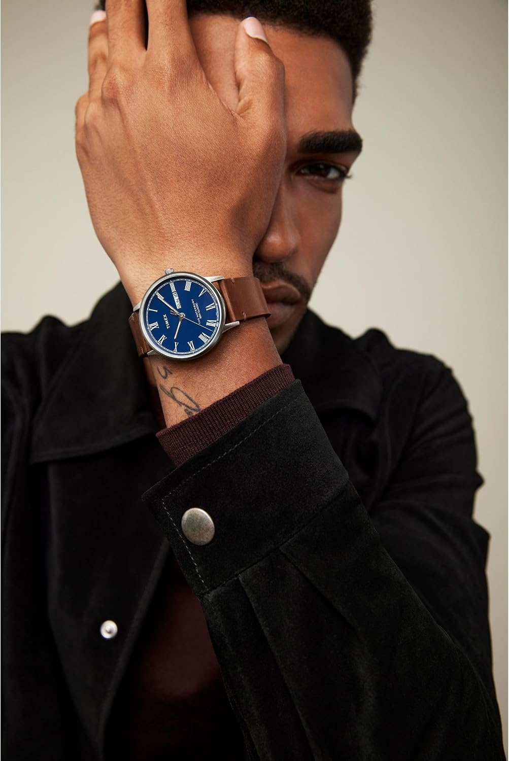 image:imageTimex Waterbury 39mm Mens Analog Watch Durable Stainless Steel Case Day and Date Window Durable Design 100M Water ResistanceBrownStainless SteelBlue