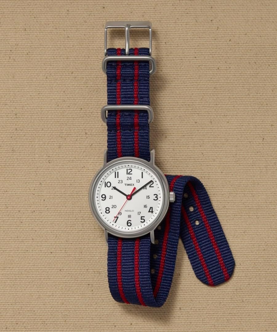 image:imageTimex Weekender 38mm Unisex Analog Watch INDIGLO Backlight Adjustable Durable Nylon Fabric Slip Through Strap 24 Hour TimeBlueChromeWhite