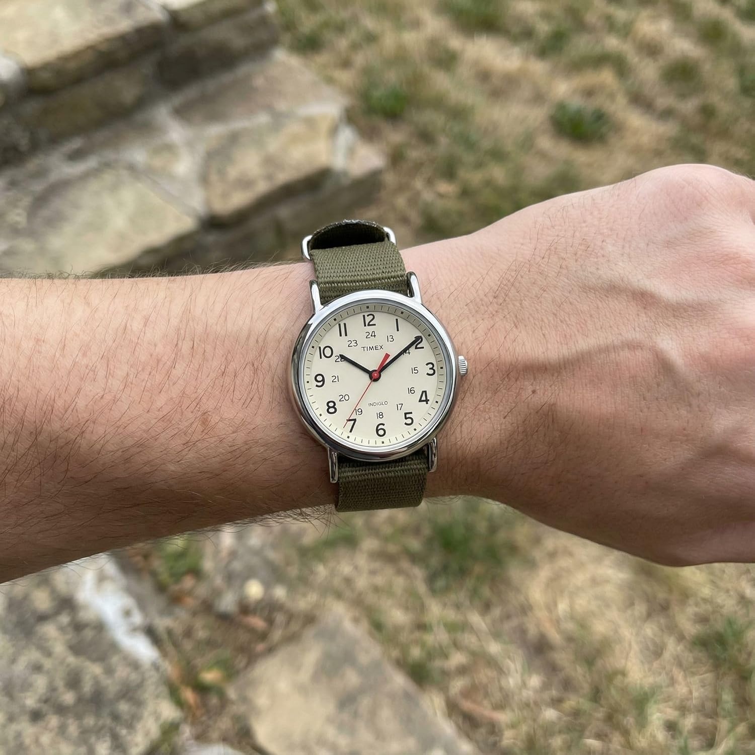image:imageTimex Weekender 38mm Unisex Analog Watch INDIGLO Backlight Adjustable Durable Nylon Fabric Slip Through Strap 24 Hour TimeGreenSilverToneCream