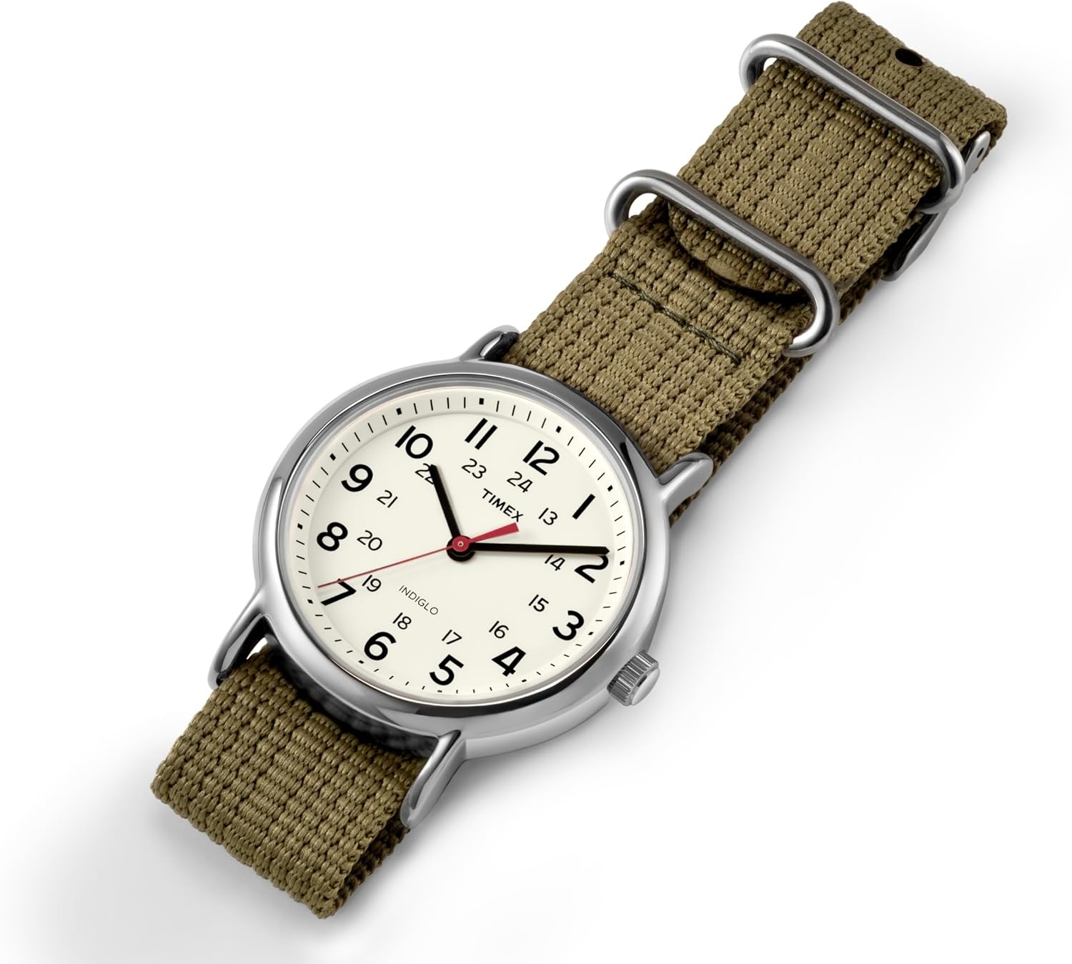 image:imageTimex Weekender 38mm Unisex Analog Watch INDIGLO Backlight Adjustable Durable Nylon Fabric Slip Through Strap 24 Hour TimeGreenSilverToneCream