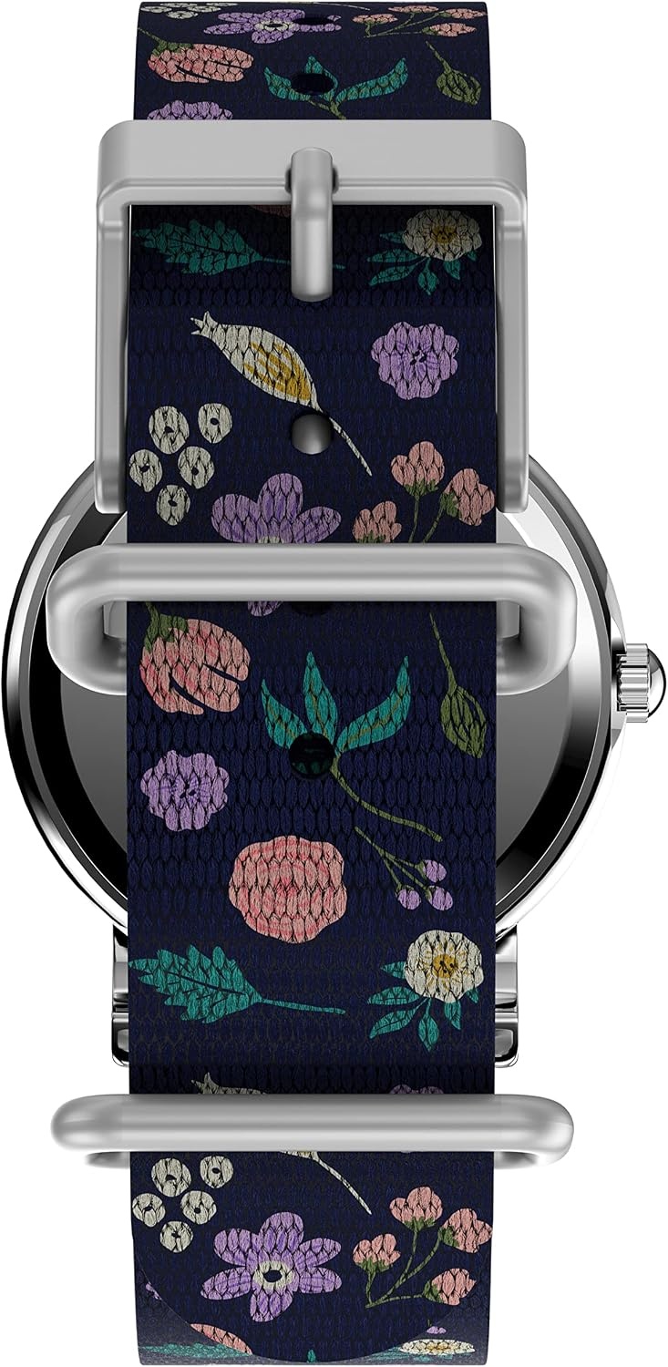 image:imageTimex Womens Watch Peanuts Weekender Casual Ladies Wristwatch Featuring Snoopy and Woodstock in a Floral Motif SilverTone Case with Blue Fabric Strap 31mm