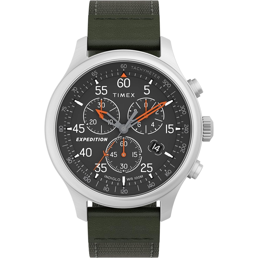 image:imageTimex Expedition Field Chronograph 43mm Mens Analog Watch INDIGLO Backlight Durable Comfortable Adjustable Strap Rugged Outdoor Watch 100M Water ResistanceGreenBlackSilver