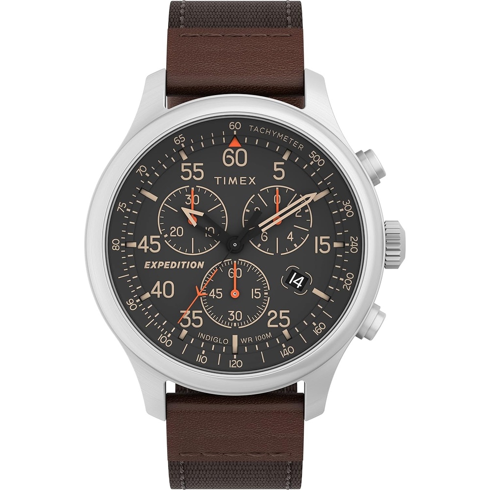 image:imageTimex Expedition Field Chronograph 43mm Mens Analog Watch INDIGLO Backlight Durable Comfortable Adjustable Strap Rugged Outdoor Watch 100M Water ResistanceBrownBlackSilver