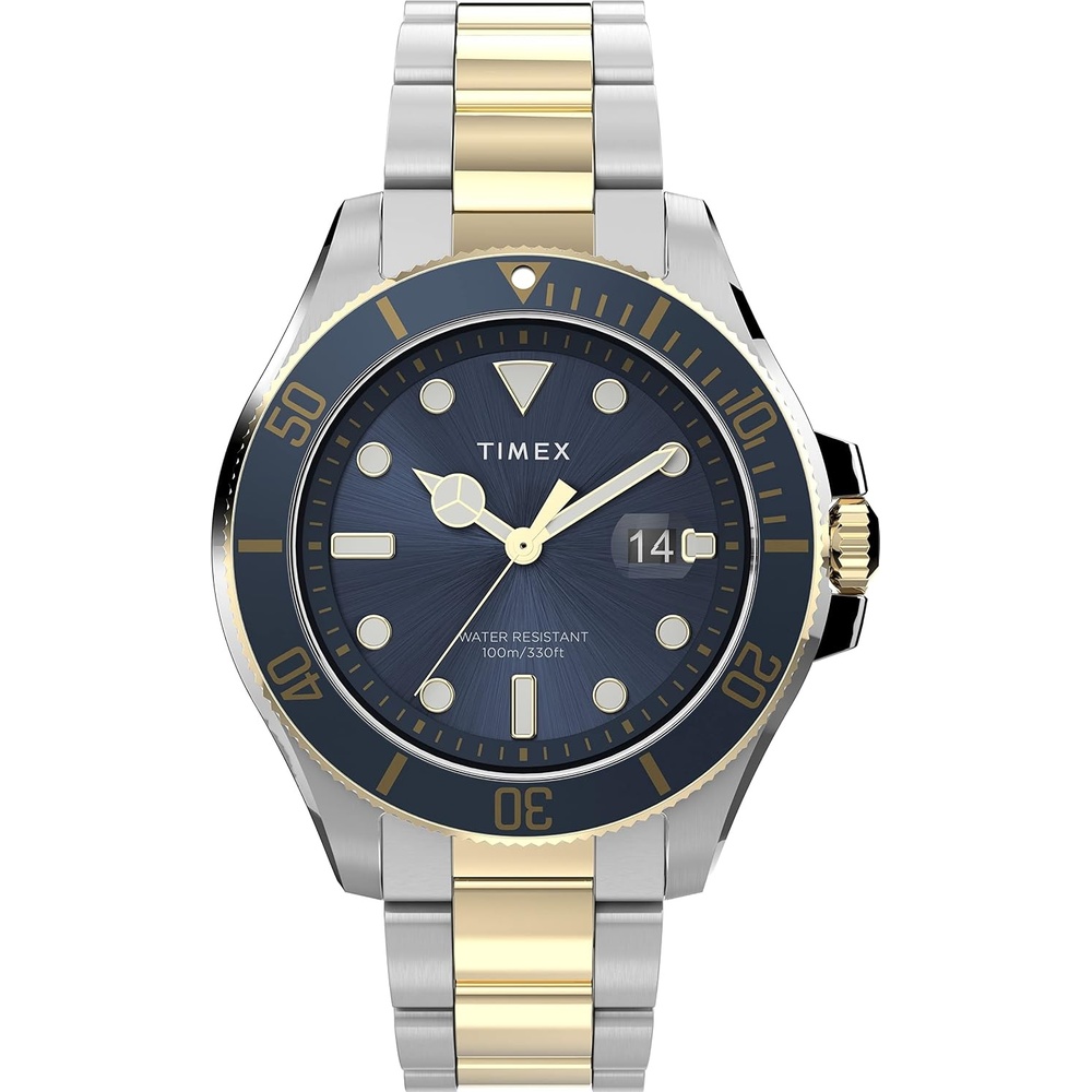 image:imageTimex Mens Harborside Coast 43mm Watch with SilverTone Case amp Stainless Steel BraceletTwoToneBlueTwoTone