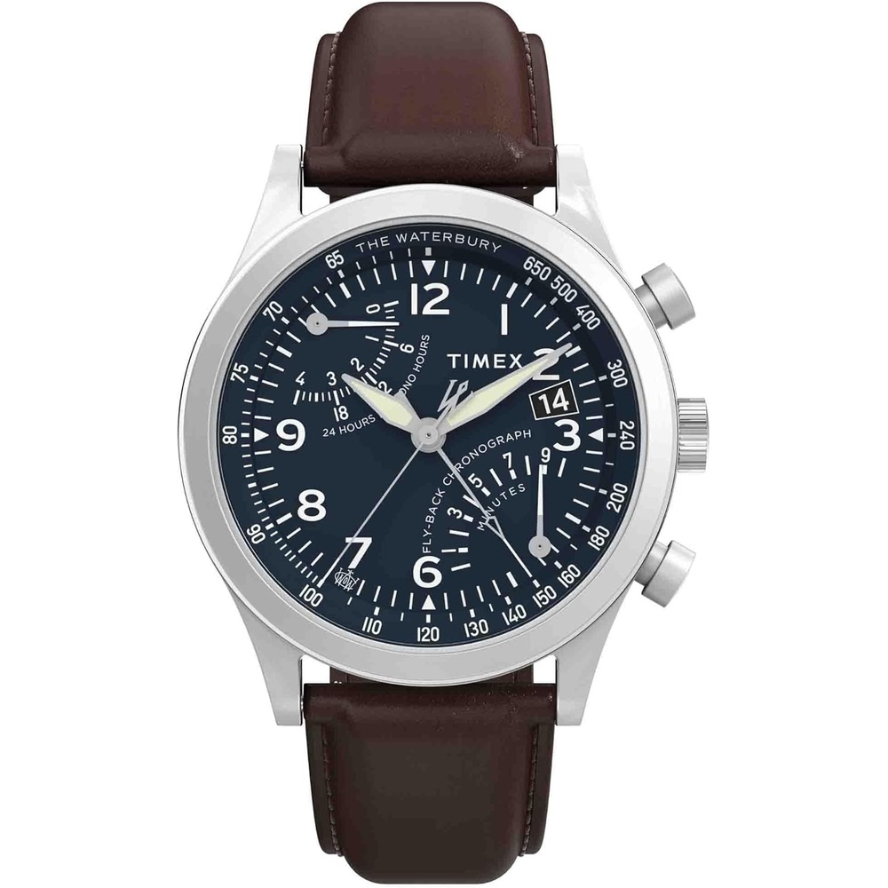 image:imageTimex Mens Waterbury Chronograph 42mm Watch Stainless Steel Bracelet Black Dial Stainless Steel CaseBrownBlueStainless Steel