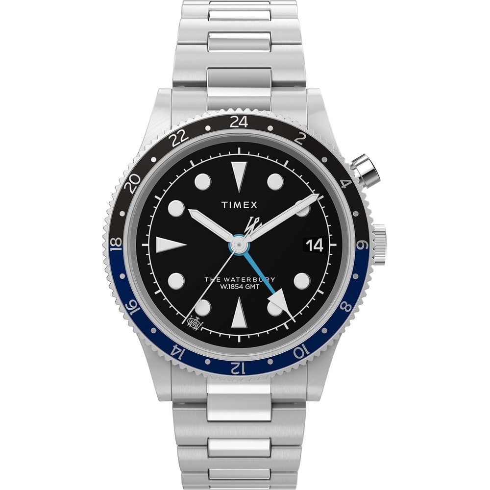 image:imageTimex Mens Waterbury Traditional GMT 39mm Watch Stainless Steel Bracelet Black Dial Stainless Steel Case