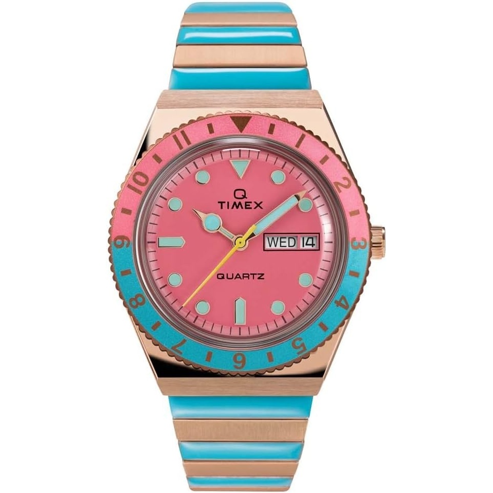 image:imageTimex Q Malibu Womens 36mm Watch GoldTone Case Black Dial with Orange amp GoldTone Stainless Steel Expansion BandRose GoldBluePink