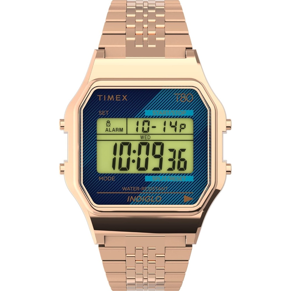 image:imageTimex T80 34mm Watch with Stainless Steel BraceletRose GoldToneDigitalRose GoldToneBlue