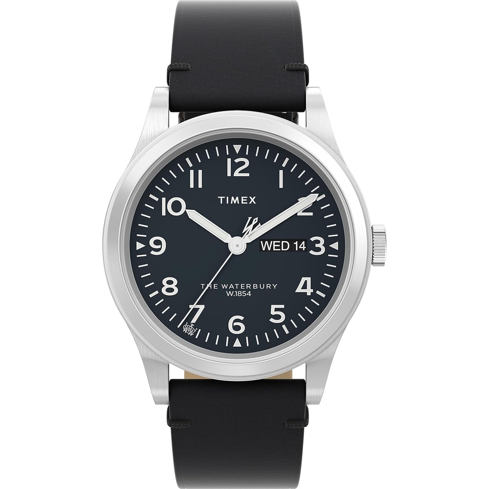 image:imageTimex Waterbury 39mm Mens Analog Watch Durable Stainless Steel Case Day and Date Window Durable Design 100M Water ResistanceBlackStainless SteelBlack
