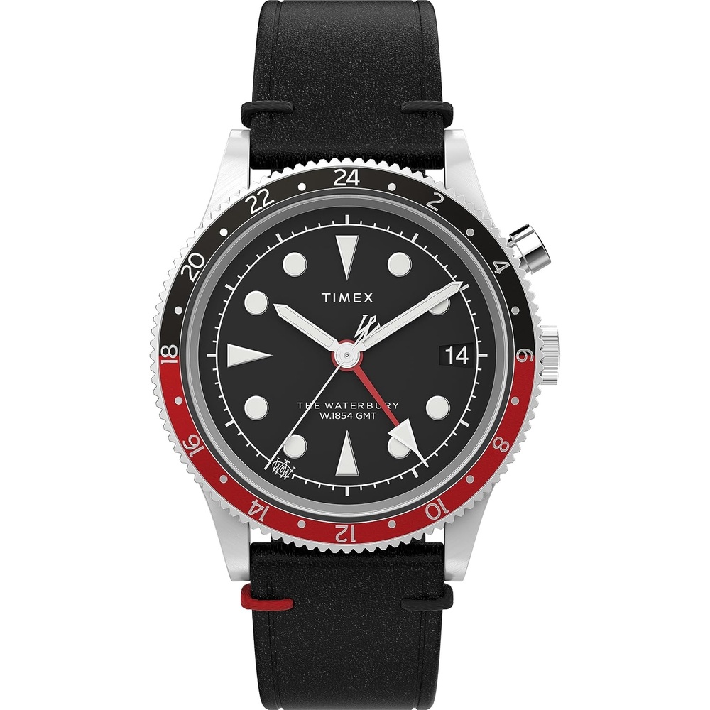 image:imageTimex Waterbury 39mm Mens Analog Watch Durable Stainless Steel Case Day and Date Window Durable Design 100M Water ResistanceBlackStainless SteelBlackRed