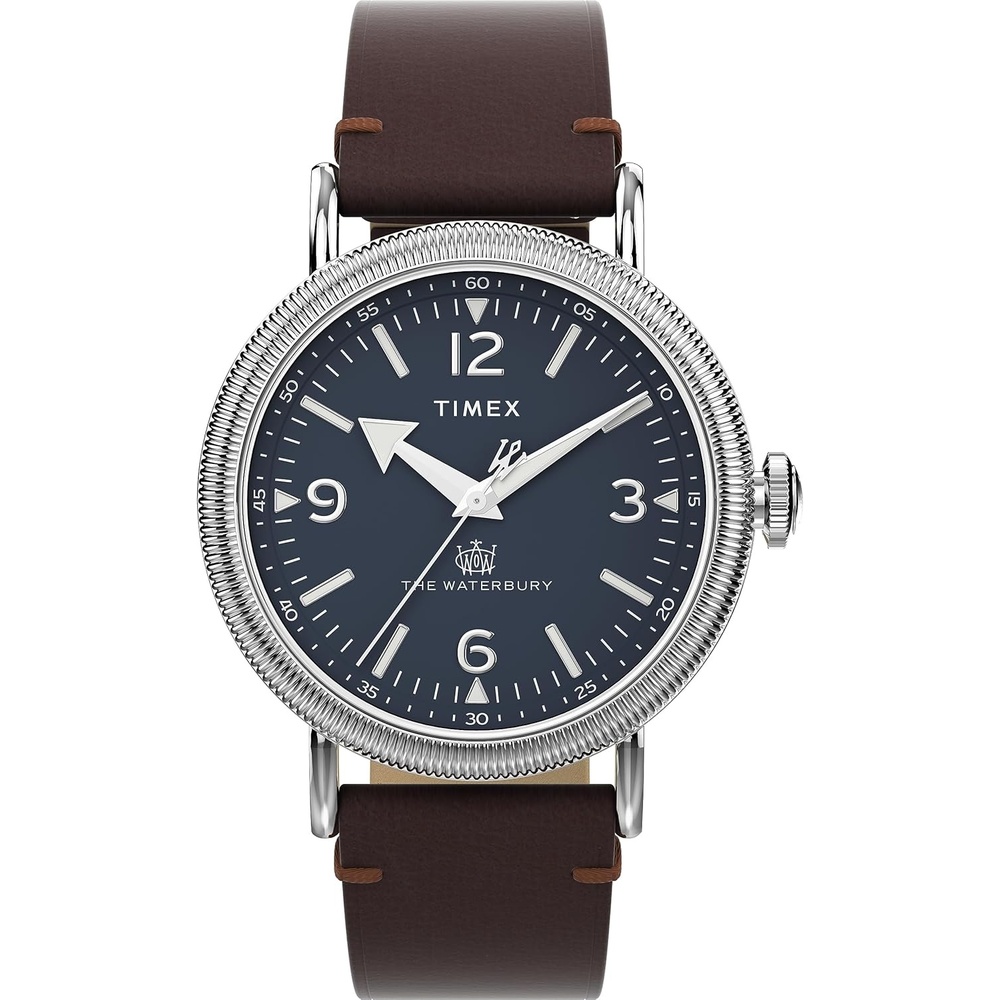 image:imageTimex Waterbury 39mm Mens Analog Watch Durable Stainless Steel Case Day and Date Window Durable Design 100M Water ResistanceBrownSilverToneBlue