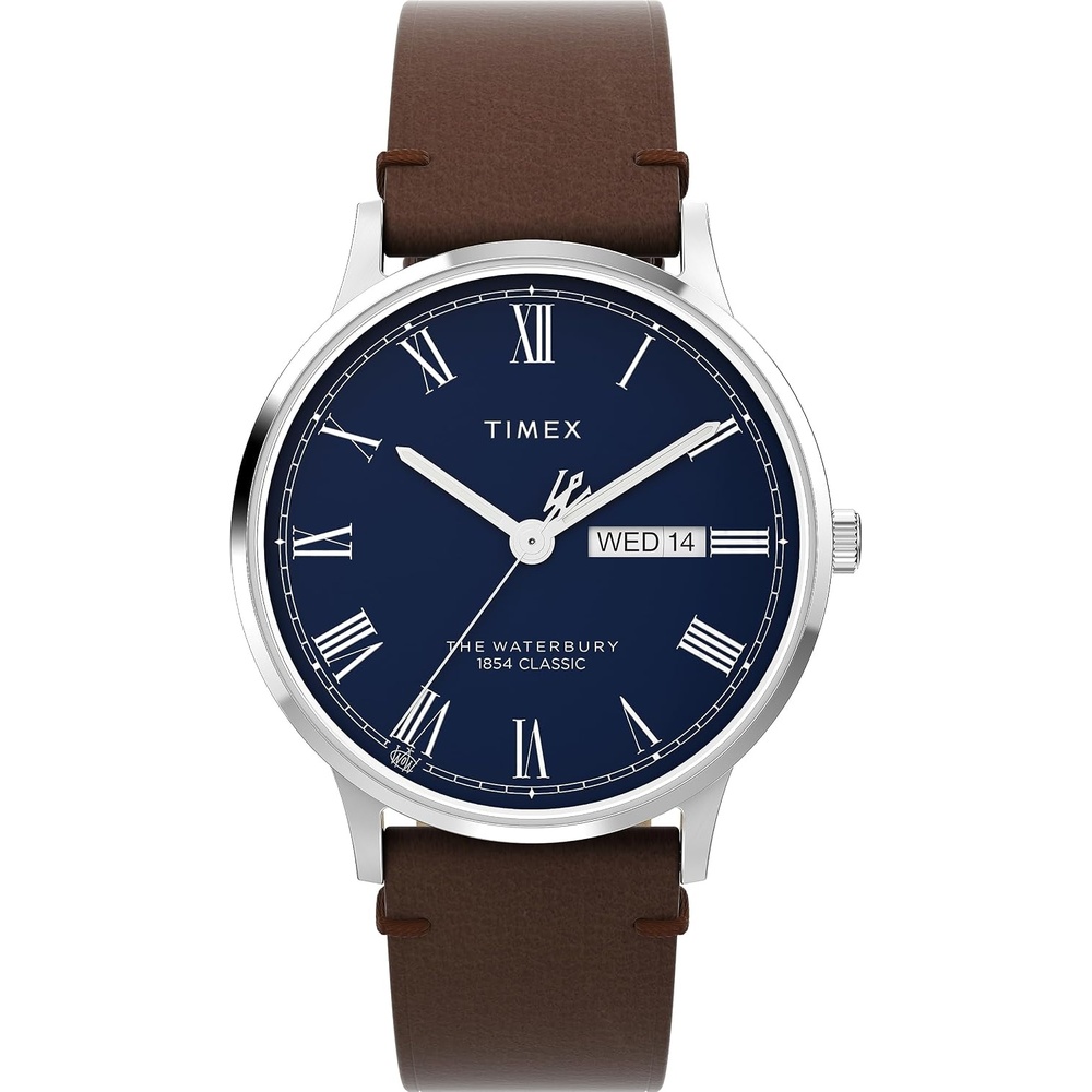 image:imageTimex Waterbury 39mm Mens Analog Watch Durable Stainless Steel Case Day and Date Window Durable Design 100M Water ResistanceBrownStainless SteelBlue