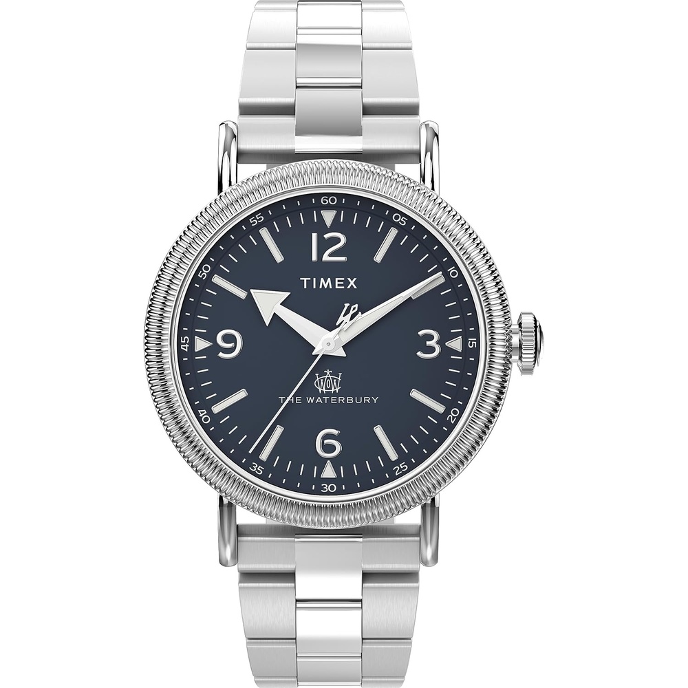 image:imageTimex Waterbury 39mm Mens Analog Watch Durable Stainless Steel Case Day and Date Window Durable Design 100M Water ResistanceStainless SteelSilverToneBlue