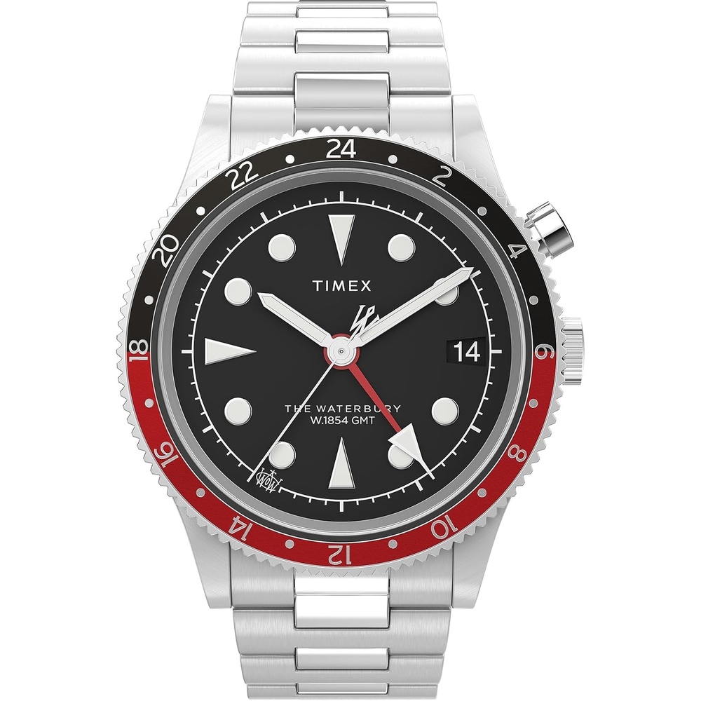 image:imageTimex Waterbury 39mm Mens Analog Watch Durable Stainless Steel Case Day and Date Window Durable Design 100M Water ResistanceStainless SteelStainless SteelBlackRed