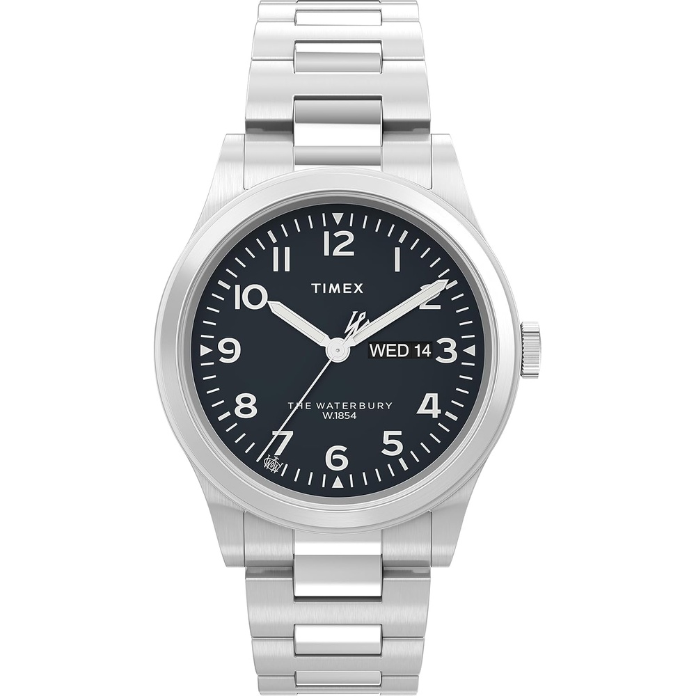 image:imageTimex Waterbury 39mm Mens Analog Watch Durable Stainless Steel Case Day and Date Window Durable Design 100M Water ResistanceStainless SteelStainless SteelBlack