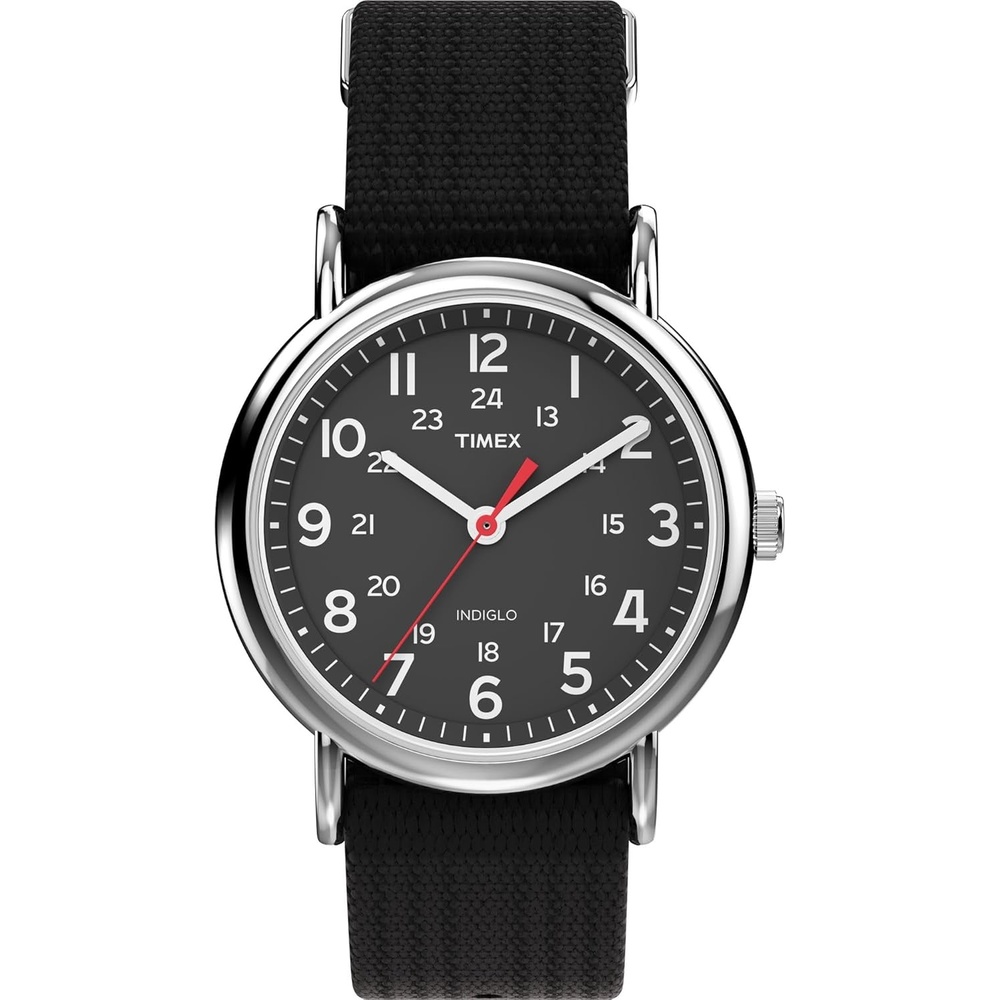 image:imageTimex Weekender 38mm Unisex Analog Watch INDIGLO Backlight Adjustable Durable Nylon Fabric Slip Through Strap 24 Hour TimeBlackSilverToneBlack