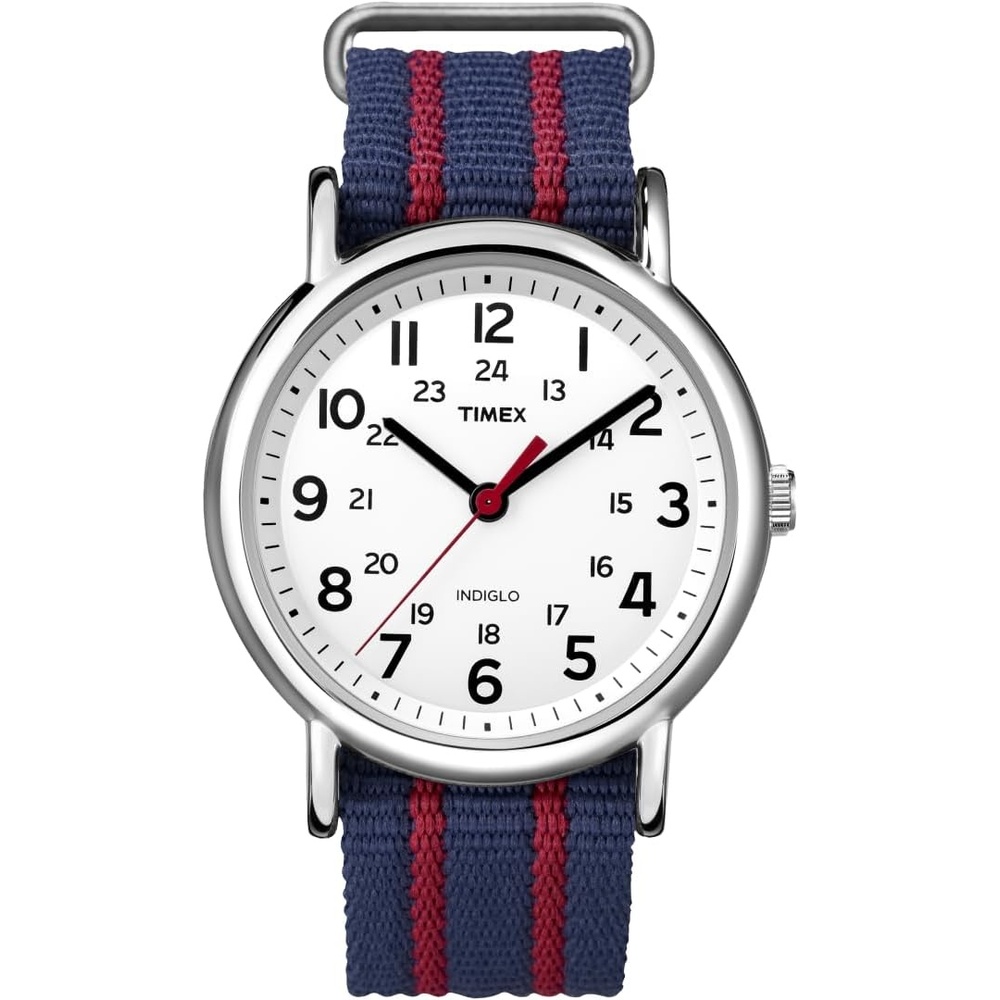 image:imageTimex Weekender 38mm Unisex Analog Watch  INDIGLO Backlight  Adjustable Durable Nylon Fabric Slip Through Strap  24 Hour TimeBlueChromeWhite