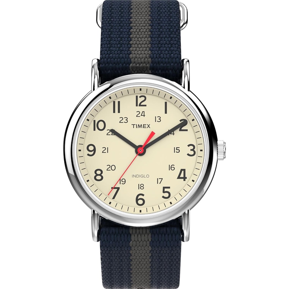 image:imageTimex Weekender 38mm Unisex Analog Watch  INDIGLO Backlight  Adjustable Durable Nylon Fabric Slip Through Strap  24 Hour TimeBlueSilverToneWhite