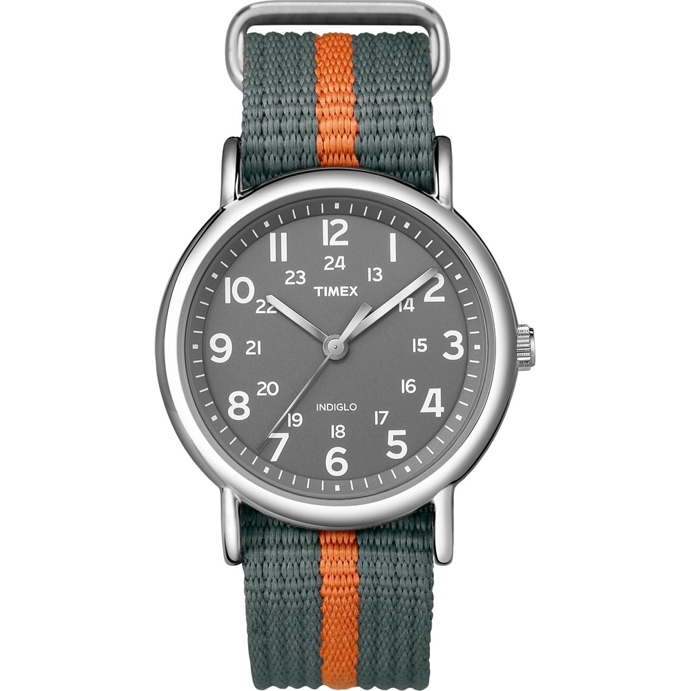 image:imageTimex Weekender 38mm Unisex Analog Watch  INDIGLO Backlight  Adjustable Durable Nylon Fabric Slip Through Strap  24 Hour TimeGraySilverToneGray