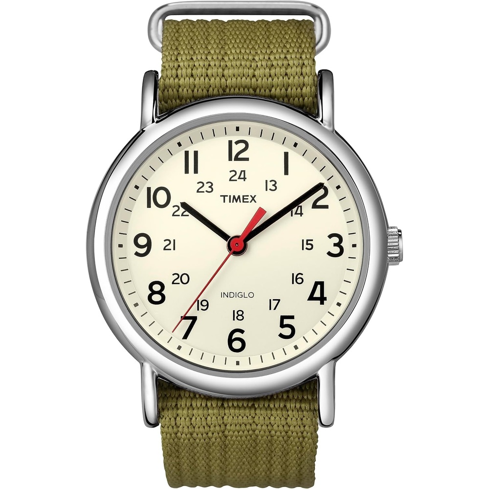 image:imageTimex Weekender 38mm Unisex Analog Watch INDIGLO Backlight Adjustable Durable Nylon Fabric Slip Through Strap 24 Hour TimeGreenSilverToneCream