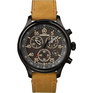 Timex Expedition Field Chronograph 43mm Men’s Analog Watch | INDIGLO Backlight | Durable Comfortable Adjustable Strap | Rugged Outdoor Watch | 100M Water Resistance(Tan/Black Leather)