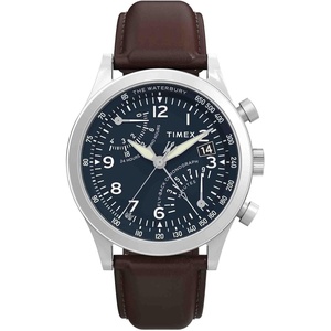 Timex Men’s Waterbury Chronograph 42mm Watch – Stainless Steel Bracelet Black Dial Stainless Steel Case(Brown/Blue/Stainless Steel)