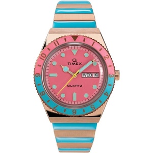 Timex Q Malibu Women’s 36mm Watch – Gold-Tone Case Black Dial with Orange & Gold-Tone Stainless Steel Expansion Band(Rose Gold/Blue/Pink)