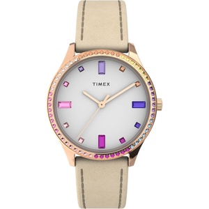Timex Transcend 34mm Women’s Analog Watch | Stylish Modern Design(Tan/Rose Gold-Tone/White)