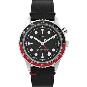 Timex Waterbury 39mm Men’s Analog Watch | Durable Stainless Steel Case | Day and Date Window | Durable Design | 100M Water Resistance(Black/Stainless Steel/Black/Red)