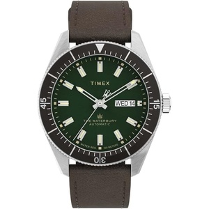 Timex Waterbury 39mm Men’s Analog Watch | Durable Stainless Steel Case | Day and Date Window | Durable Design | 100M Water Resistance(Brown/Stainless Steel/Green)