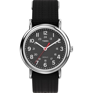 Timex Weekender 38mm Unisex Analog Watch | INDIGLO Backlight | Adjustable Durable Nylon Fabric Slip Through Strap | 24 Hour Time(Black/Silver-Tone/Black)