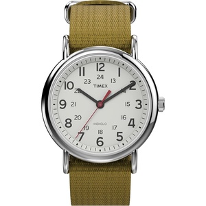 Timex Weekender 38mm Unisex Analog Watch | INDIGLO Backlight | Adjustable Durable Nylon Fabric Slip Through Strap | 24 Hour Time(Green/Chrome/White)