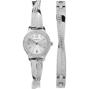 Timex Women’s Dress Crystal 19mm Watch & Bracelet Gift Set(Silver-Tone)