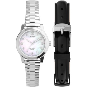 Timex Women’s Essex Ave 25mm Watch(Silver-Tone/Mother of Pearl/Silver-Tone/Box Set)