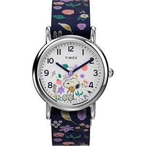 Timex Womens Watch Peanuts Weekender Casual Ladies Wristwatch – Featuring Snoopy and Woodstock in a Floral Motif, Silver-Tone Case with Blue Fabric Strap (31mm)