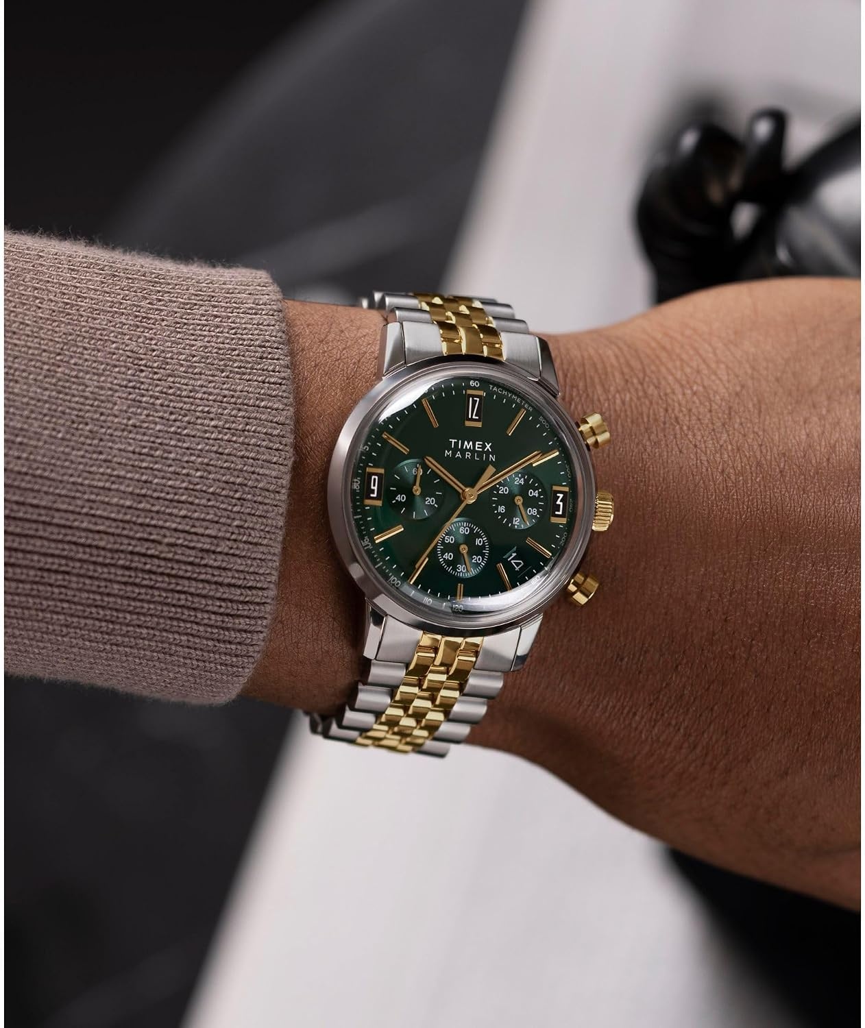 image:imageTimex Marlin Chronograph Tachymeter 40mm Mens Analog Watch Retro Design 50M Water ResistanceTwoToneTwoToneGreen