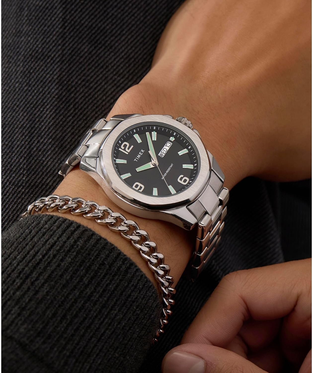 image:imageTimex Mens Essex 46mm WatchStainless SteelSilverToneBlack