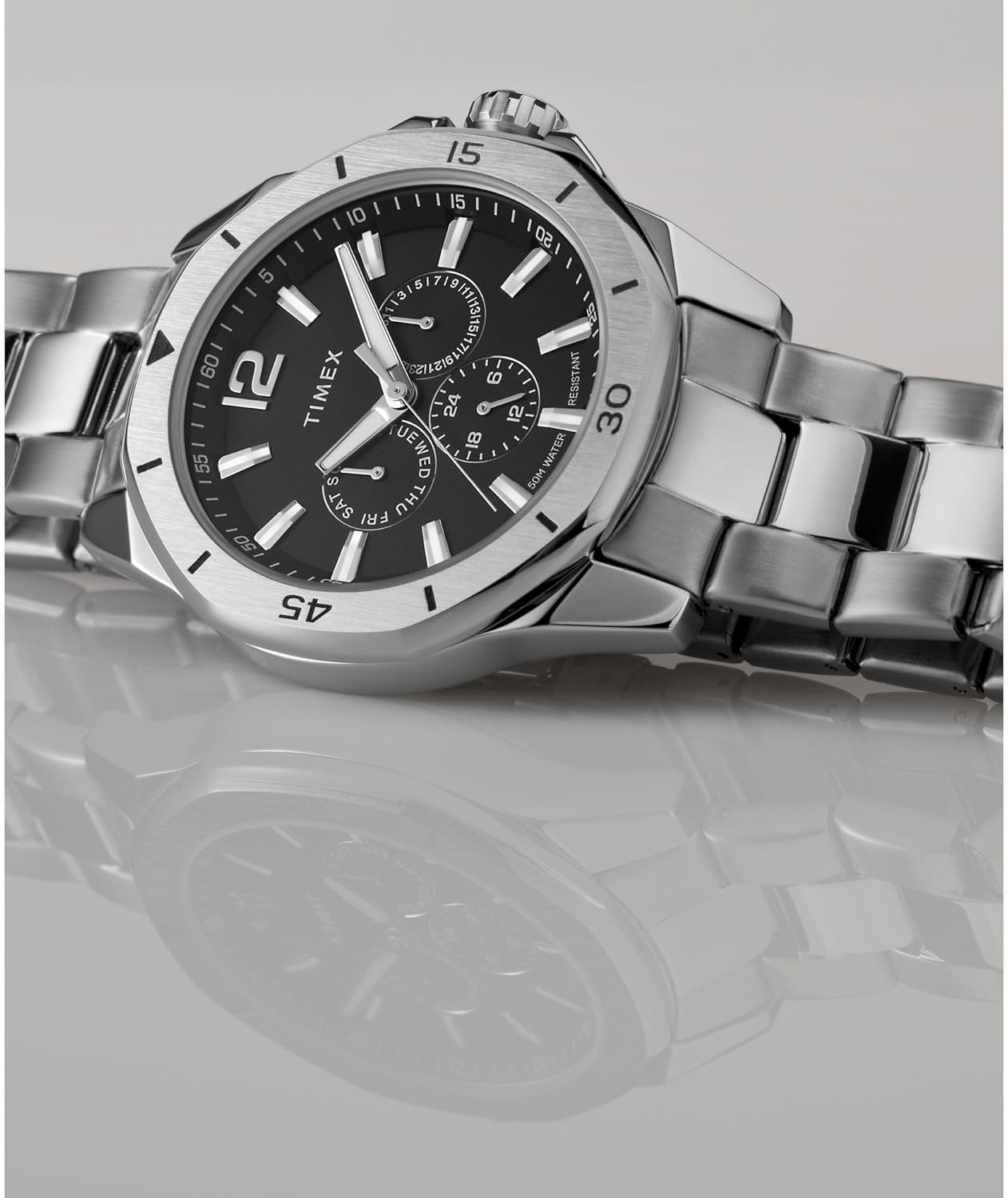 image:imageTimex Mens Essex Avenue DayDate 44mm Quartz WatchBlackSilverToneBlack