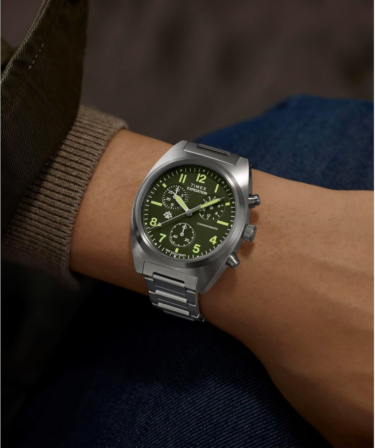 image:imageTimex Mens Expedition Capstone Chronograph 41mm Watch SilverTone Bracelet Green Dial SilverTone Case