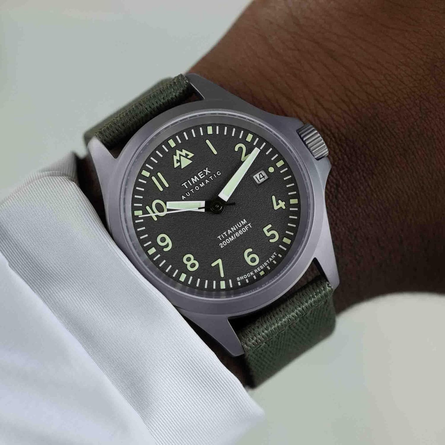 image:imageTimex Mens Expedition North Titanium Automatic 41mm Watch Green Strap Gray Dial Titanium Case