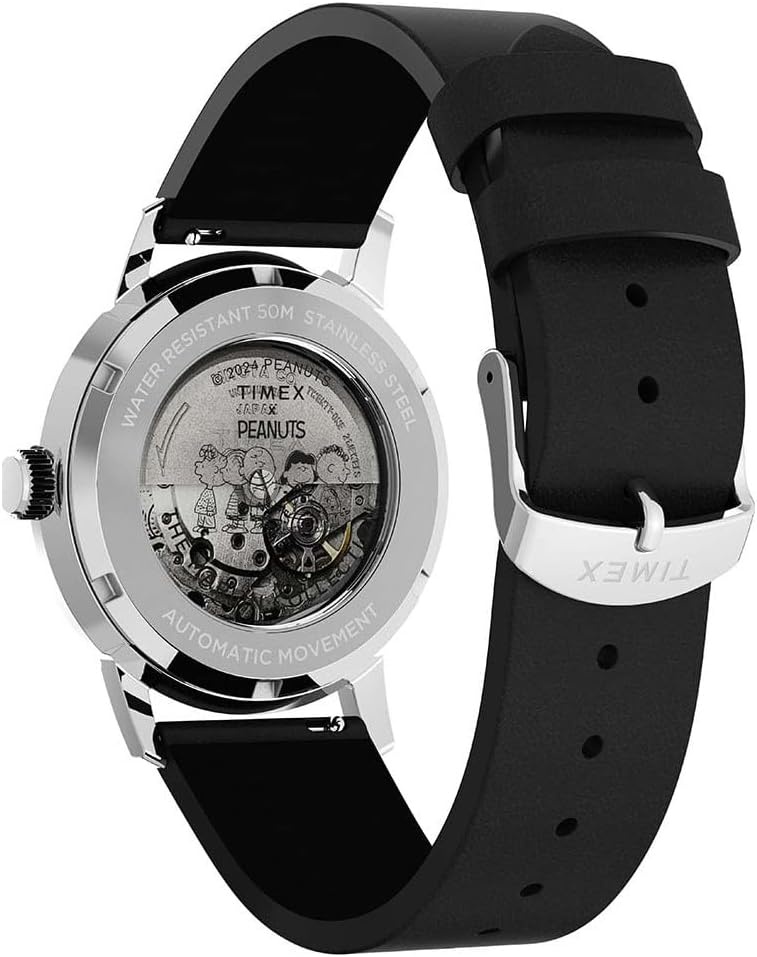image:imageTimex Mens Marlin Automatic Peanuts Sketch 40mm Watch Black Strap SilverTone Dial Stainless Steel Case
