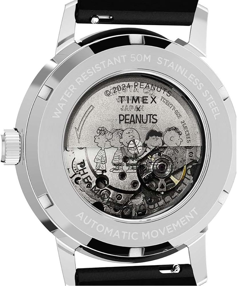 image:imageTimex Mens Marlin Automatic Peanuts Sketch 40mm Watch Black Strap SilverTone Dial Stainless Steel Case