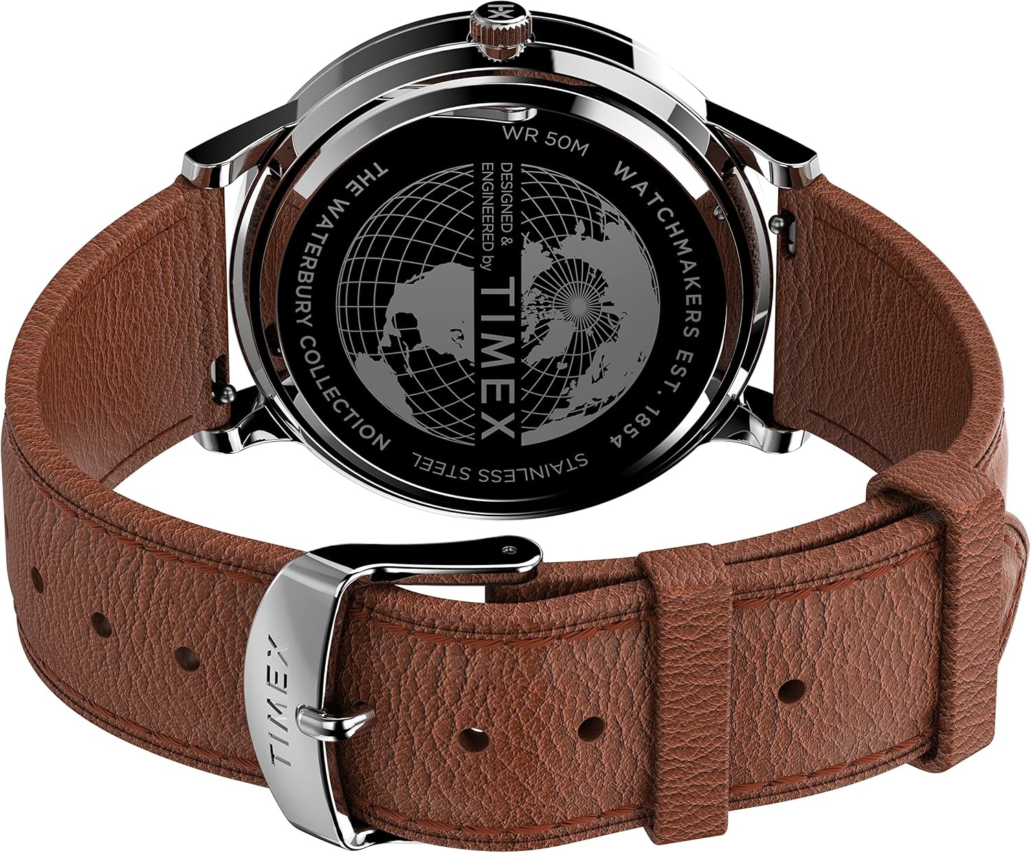 image:imageTimex Mens Waterbury Classic DayDate 40mm Watch SilverTone Case White Dial with Caramel Genuine Leather Strap