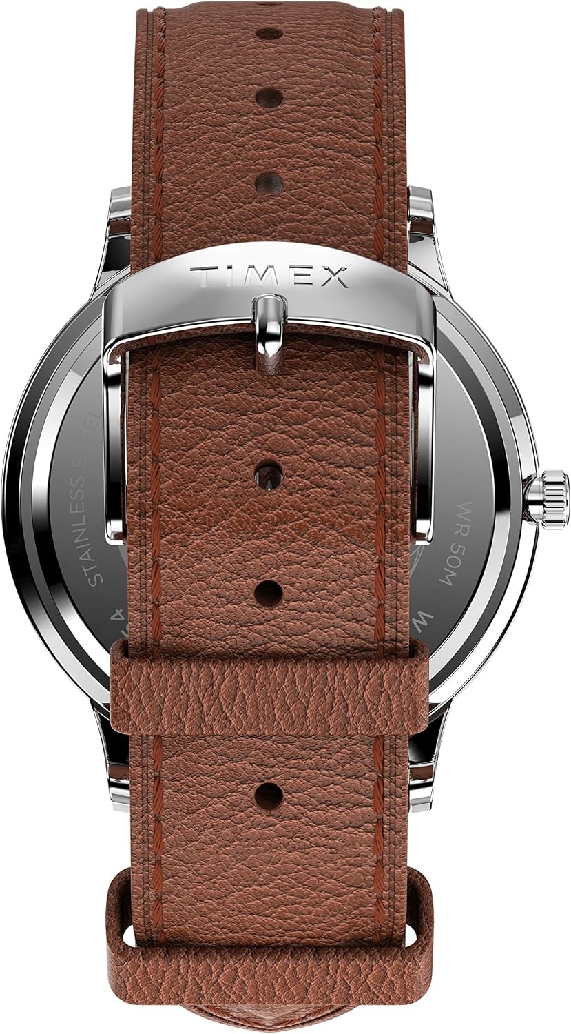 image:imageTimex Mens Waterbury Classic DayDate 40mm Watch SilverTone Case White Dial with Caramel Genuine Leather Strap