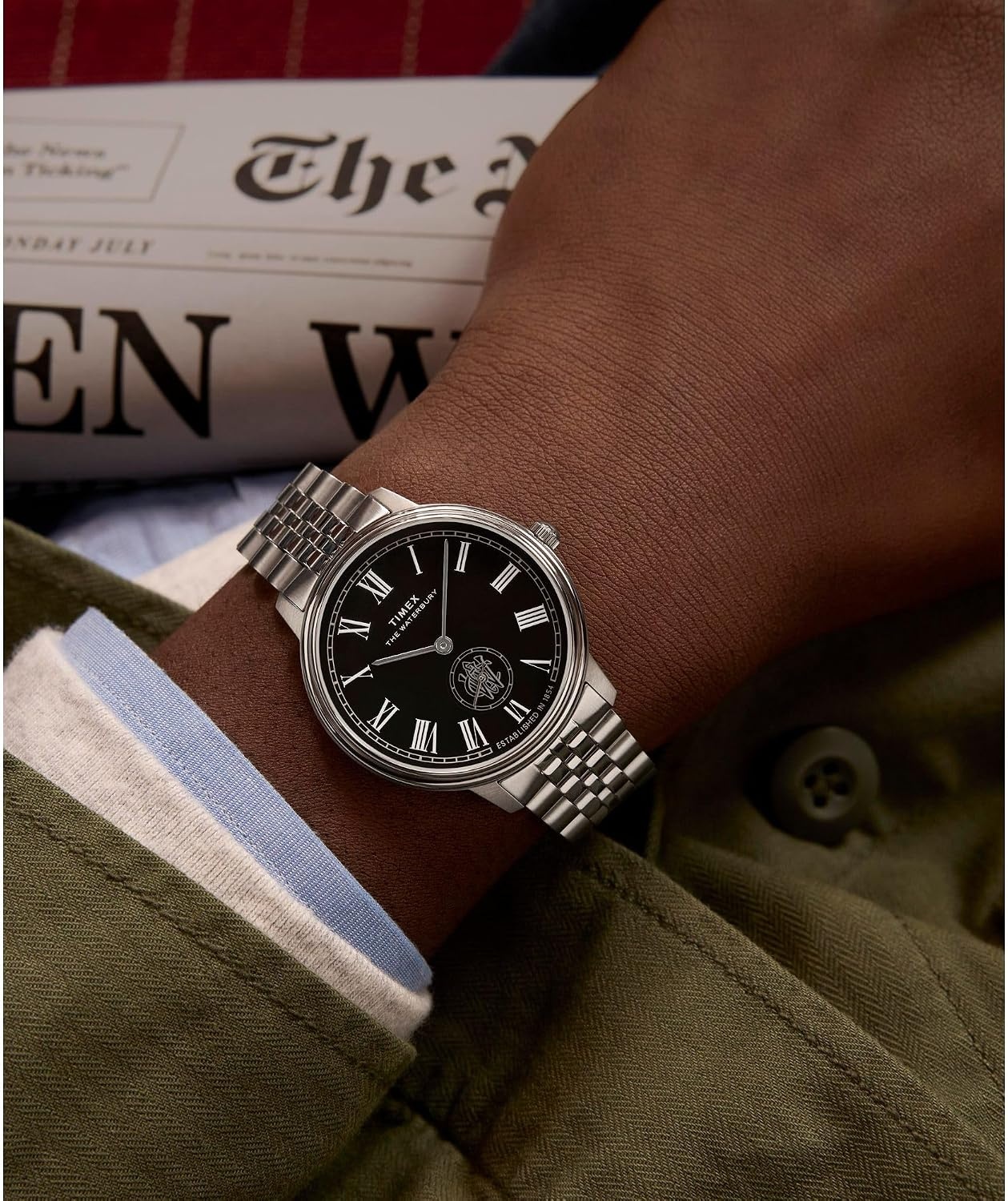 image:imageTimex Mens Waterbury Metropolitan 39mm Watch Stainless Steel Bracelet Black Dial Stainless Steel Case